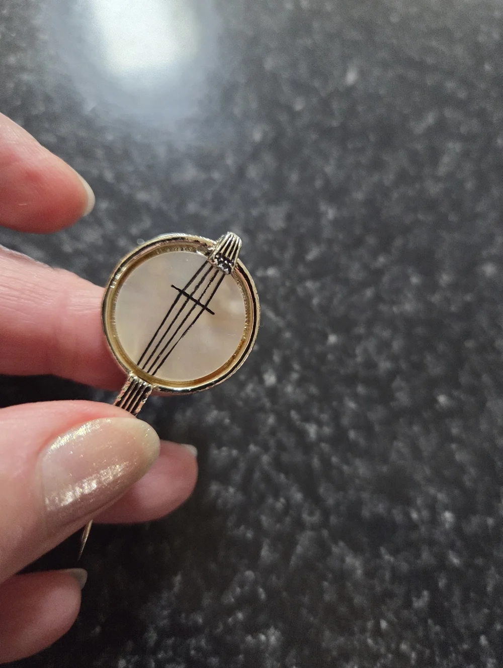 Vintage Banjo Brooch Gold Tone Mother of Pearl Music Pin